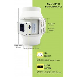 φ200mm Ventilateur de Conduit Moonjor Ventilateur de Conduit Max. 840m³ h avec Prise IEC à 2 Vitesses EU Prise pour Salle de Bain Tentes de Culture Hydroponique - B0991YR7MG