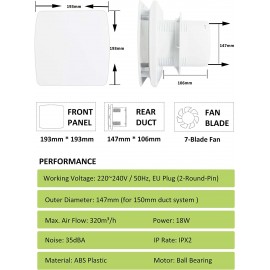 Ventilateur d'extraction d'air Ø150mm cuisine Moonjor 320m³ h ventilateur de salle de bain étanche IP34 avec clapet anti-retour câble d'alimentation UE 1m pour salle de bain toilette cuisine - B09Y337WMK